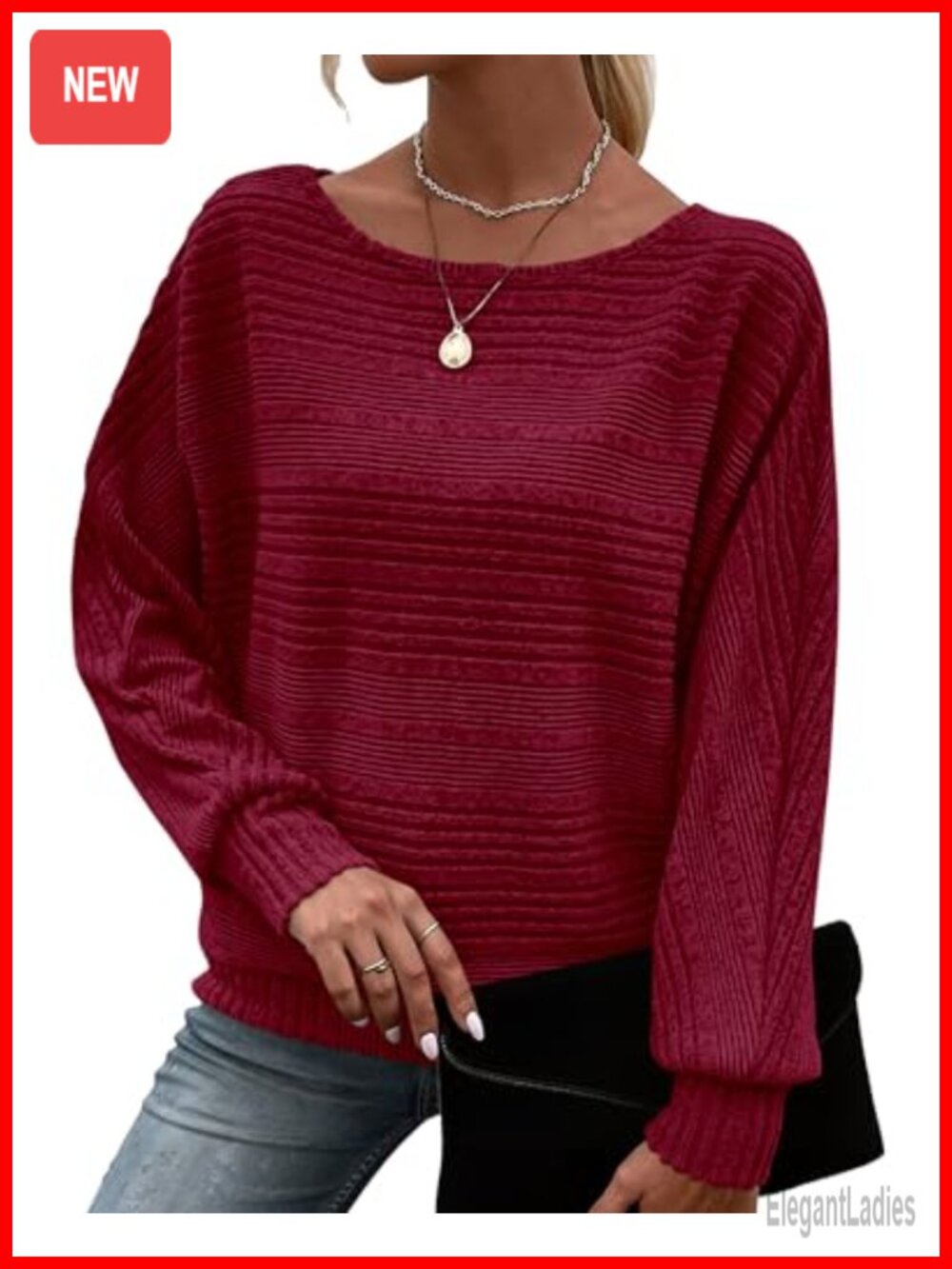 Lightweight Loose Fit Pullover Sweater Boat Neck Batwing Sleeve Tunic Top